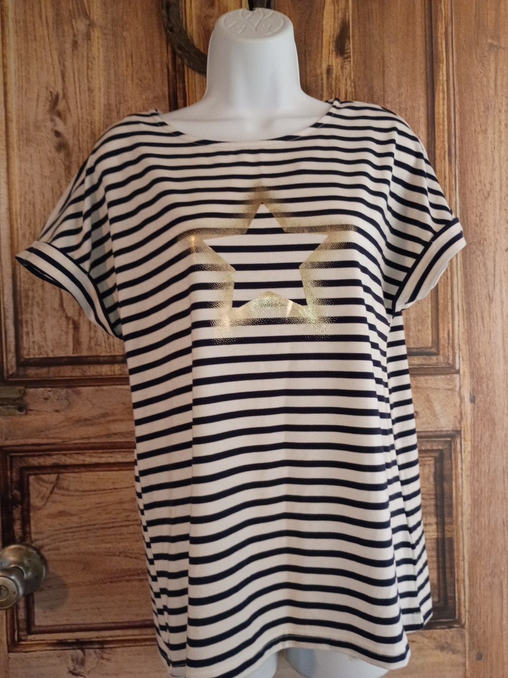 Almost Famous Navy & White Striped Short Sleeve Top with Gold Star